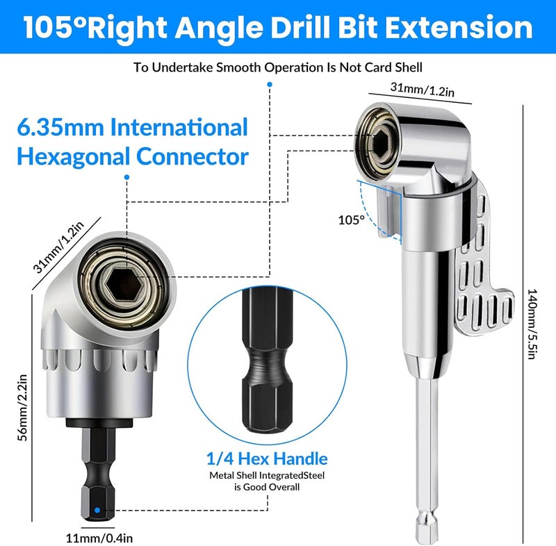 BILIPLE 31 Pcs Flexible Drill Bit Extension Set,105° Right Angle Drill Attachment, 1/2 3/8 1/4 inch Universal Hex Socket Adapter, Rotatable Socket Wrench Tools, Drill Bit Holder Screwdriver with Box(Silver) - Image 5